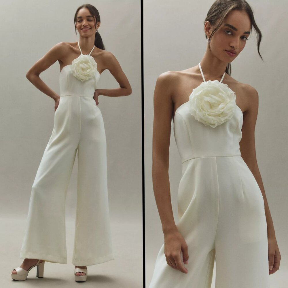 $458 Anthropologie MAC DUGGAL Size 6 Ivory White Floral Halter Wide Leg Jumpsuit
